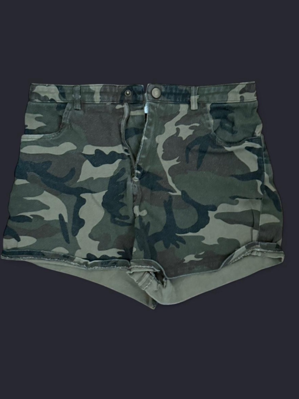 Meshki Women's Camo Denim Shorts in Olive Green